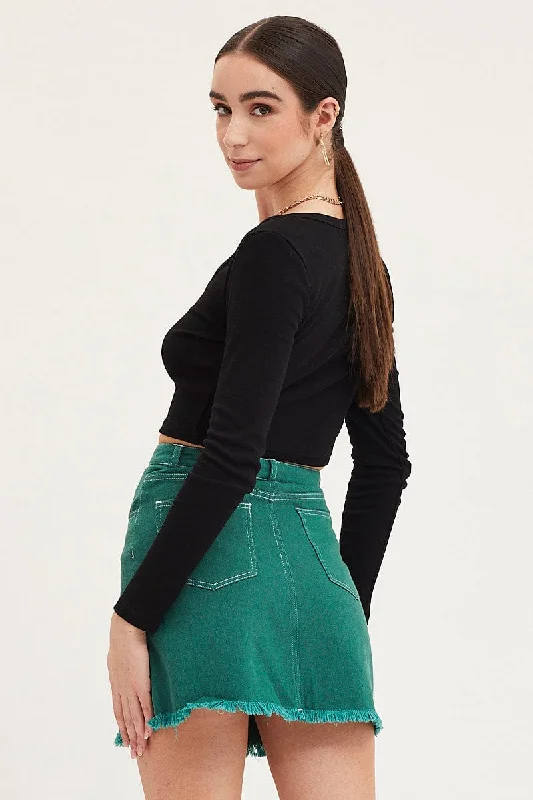 Green Mini Skirt High Rise Fray Hem