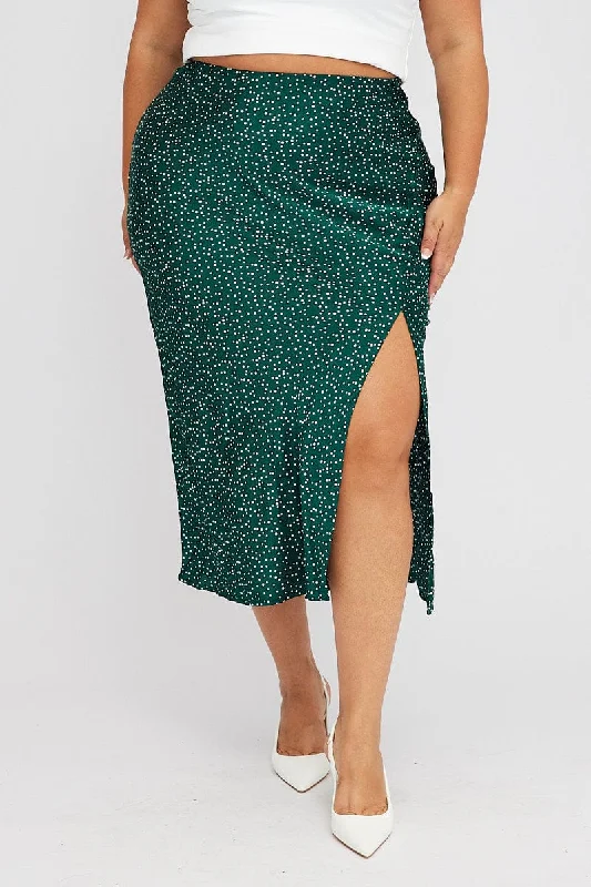 Green Polka Dot Satin Slip Skirt With Split