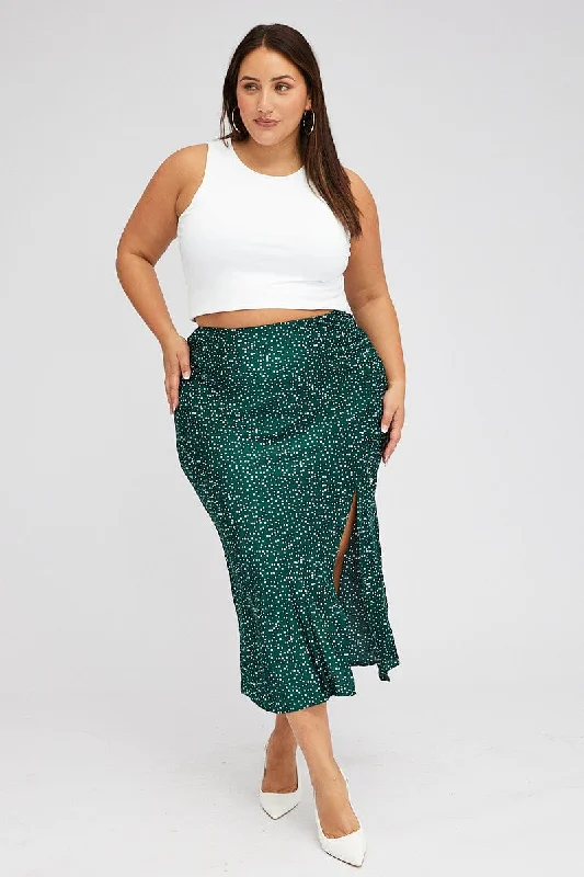 Green Polka Dot Satin Slip Skirt With Split