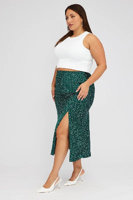 Green Polka Dot Satin Slip Skirt With Split