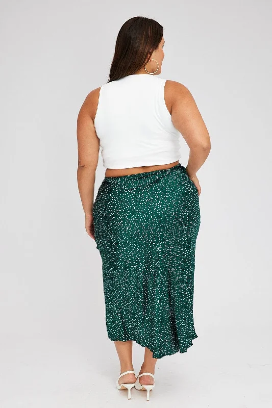 Green Polka Dot Satin Slip Skirt With Split