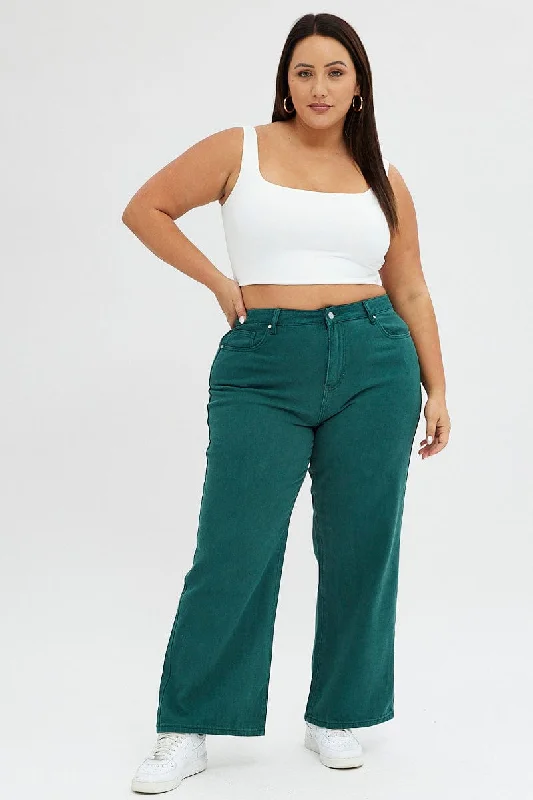 Green Wide Leg Denim Jeans High Rise