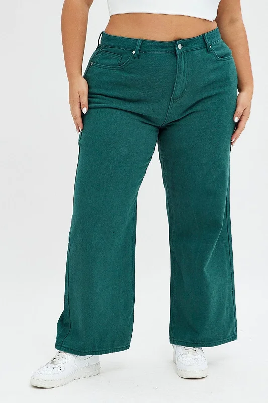 Green Wide Leg Denim Jeans High Rise