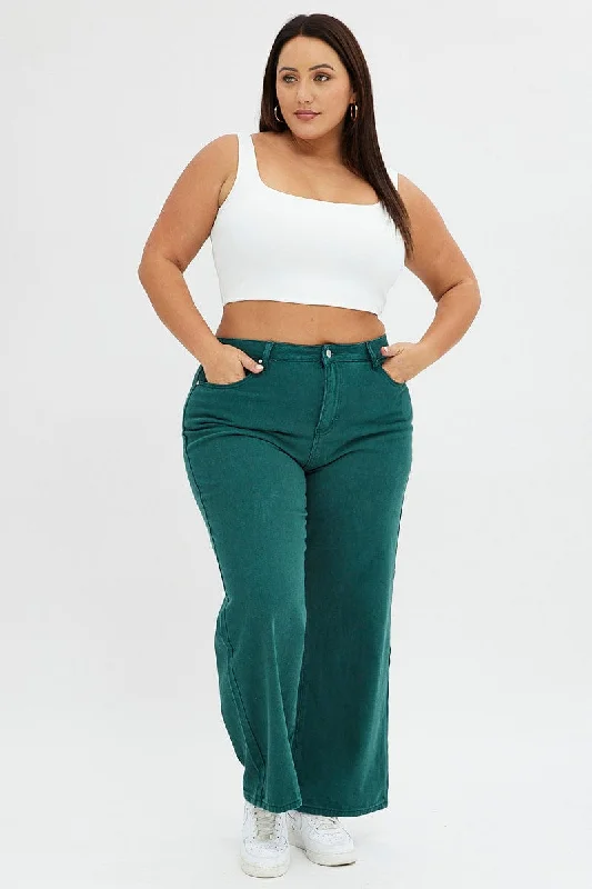 Green Wide Leg Denim Jeans High Rise