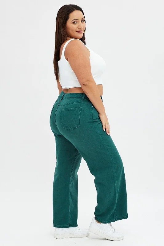 Green Wide Leg Denim Jeans High Rise