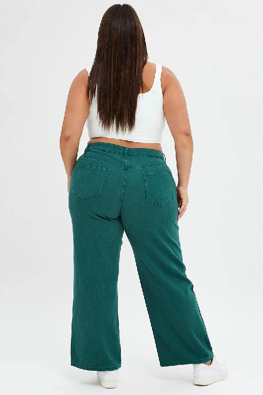 Green Wide Leg Denim Jeans High Rise