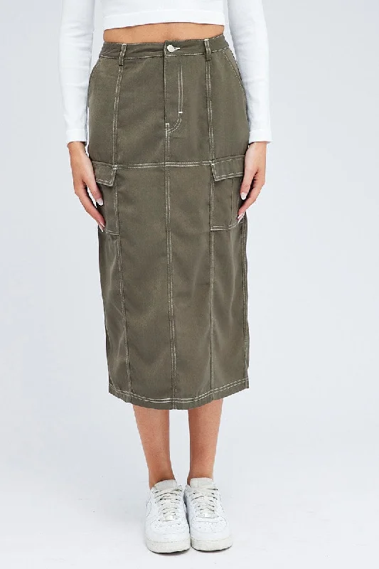 Grey Cargo Skirt Mid Rise Contrast Detail Utility