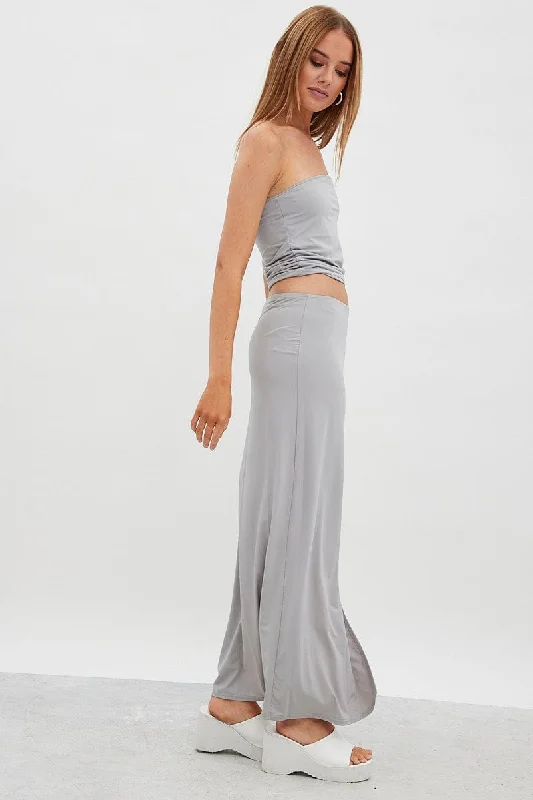 Grey Maxi Skirt Mid Rise Split Nylon