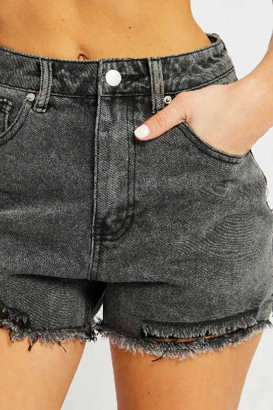 Grey Relaxed Denim Short Mid Rise