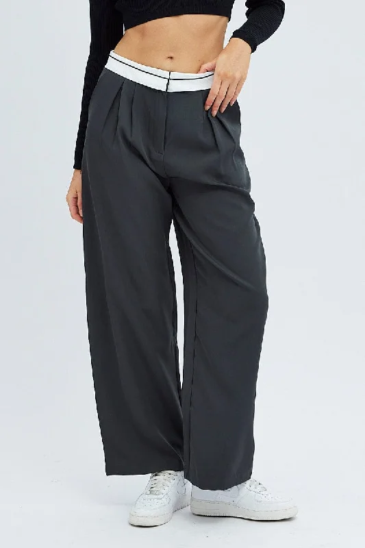 Grey Wide Leg Pants Turn Down Waist Low Rise