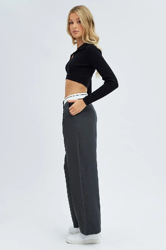 Grey Wide Leg Pants Turn Down Waist Low Rise