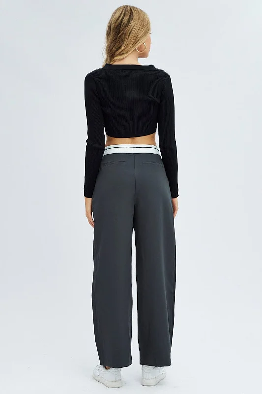 Grey Wide Leg Pants Turn Down Waist Low Rise