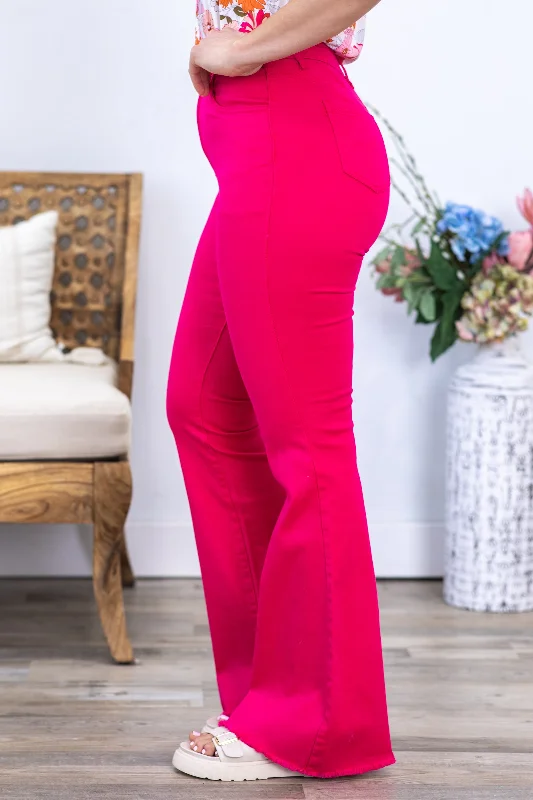 Hot Pink Flare Pants With Raw Hem