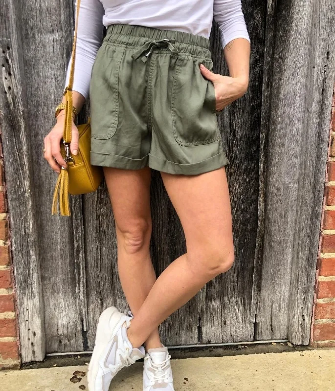 Khaki Tencel Turn Up Shorts