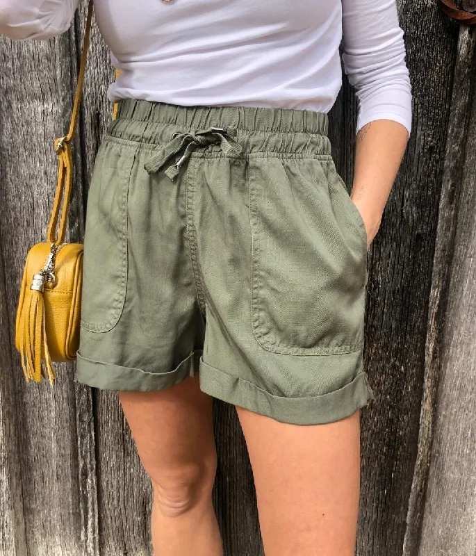 Khaki Tencel Turn Up Shorts