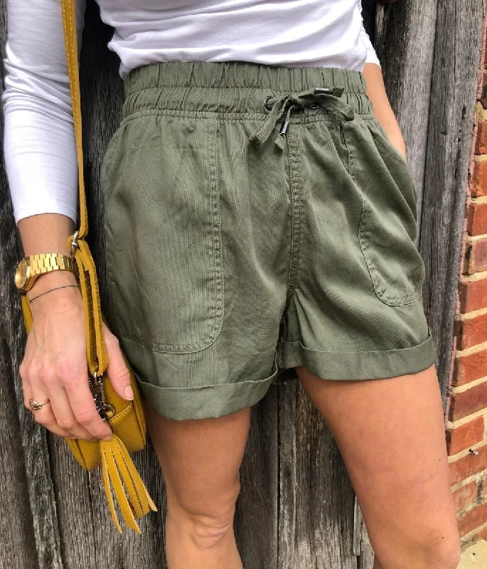 Khaki Tencel Turn Up Shorts