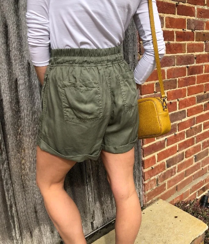 Khaki Tencel Turn Up Shorts