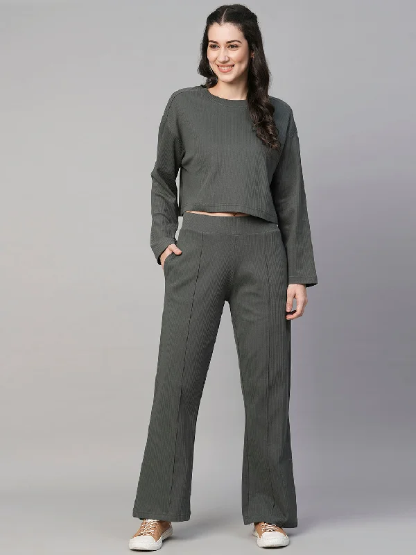 Women's Green Cotton Elastane Regular Fit Knit Pant