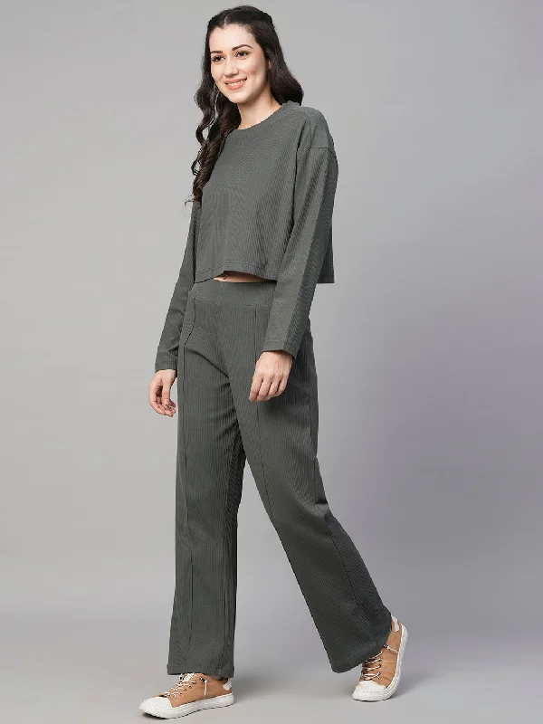 Women's Green Cotton Elastane Regular Fit Knit Pant