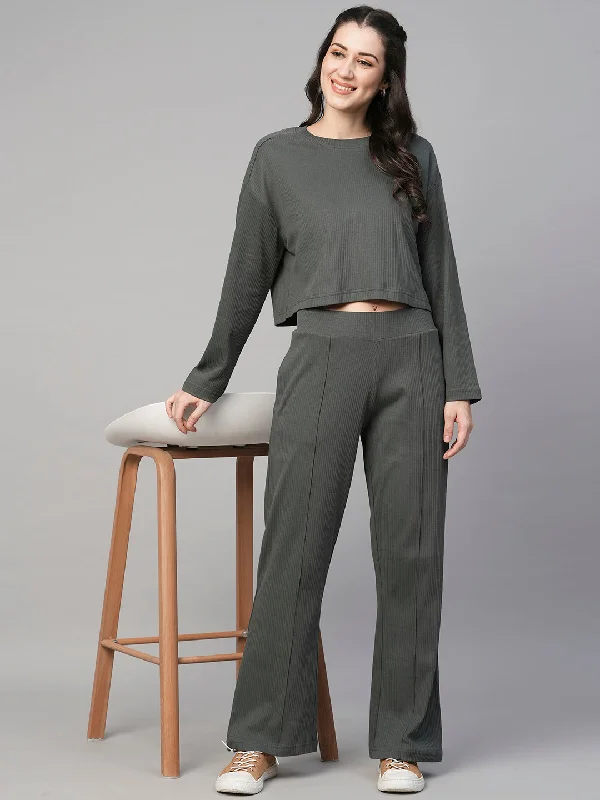 Women's Green Cotton Elastane Regular Fit Knit Pant