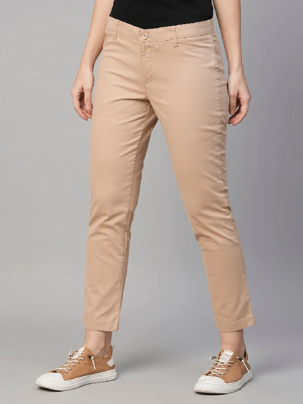 Women's Beige Cotton Lycra Regular Fit Pant