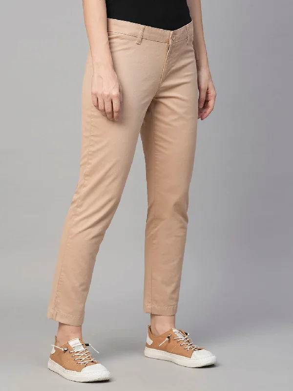 Women's Beige Cotton Lycra Regular Fit Pant