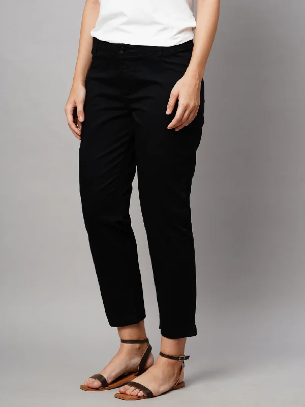 Women's Black Cotton Lycra Regular Fit Pant