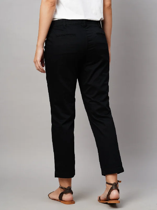 Women's Black Cotton Lycra Regular Fit Pant