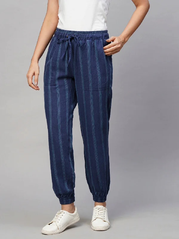 Women's Blue Viscose Linen Regular Fit Pant