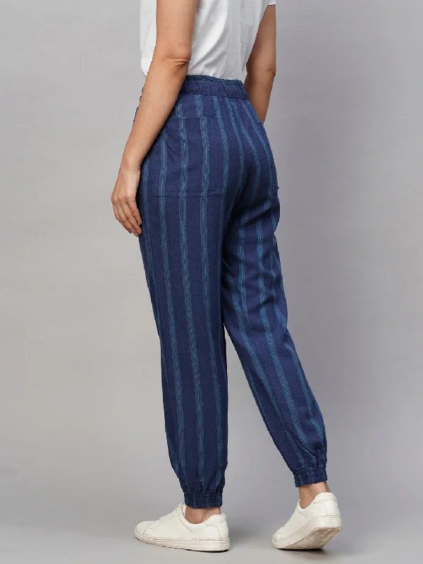 Women's Blue Viscose Linen Regular Fit Pant