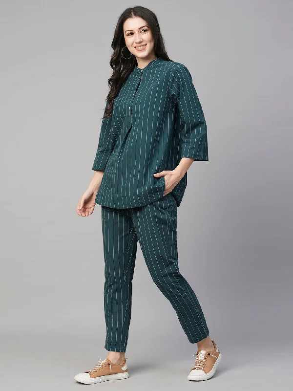 Women's Teal Cotton Regular Fit Pant