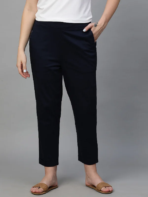 Women's Navy Cotton Elastane Regular Fit Pant