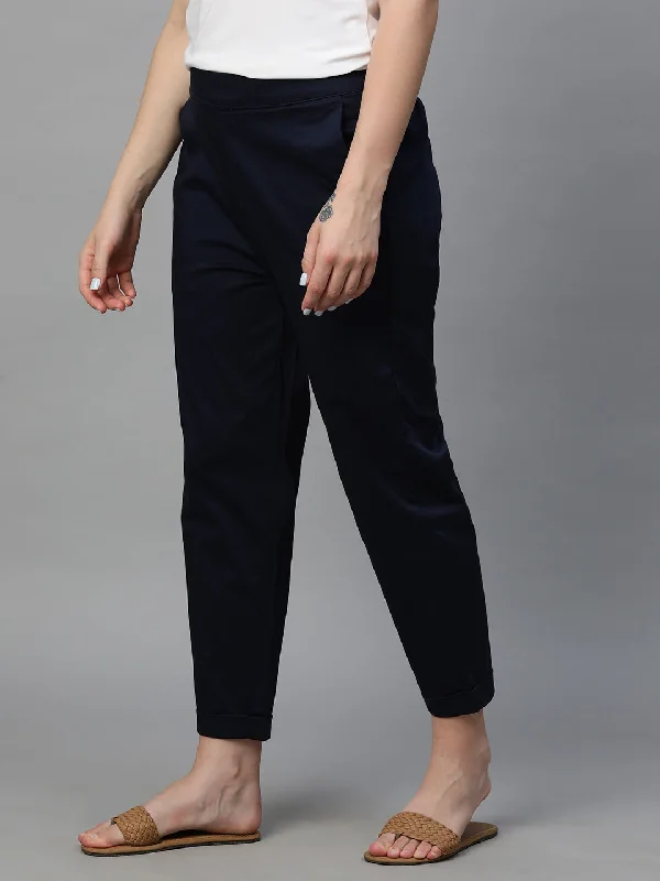 Women's Navy Cotton Elastane Regular Fit Pant