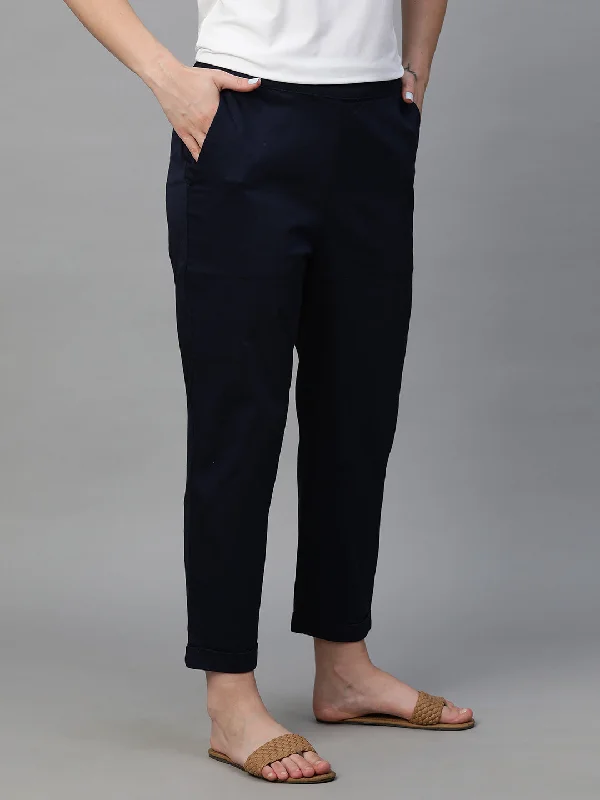 Women's Navy Cotton Elastane Regular Fit Pant