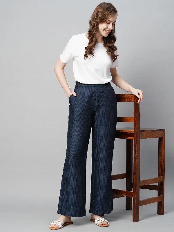 Women's Blue Linen Straight Fit Pant