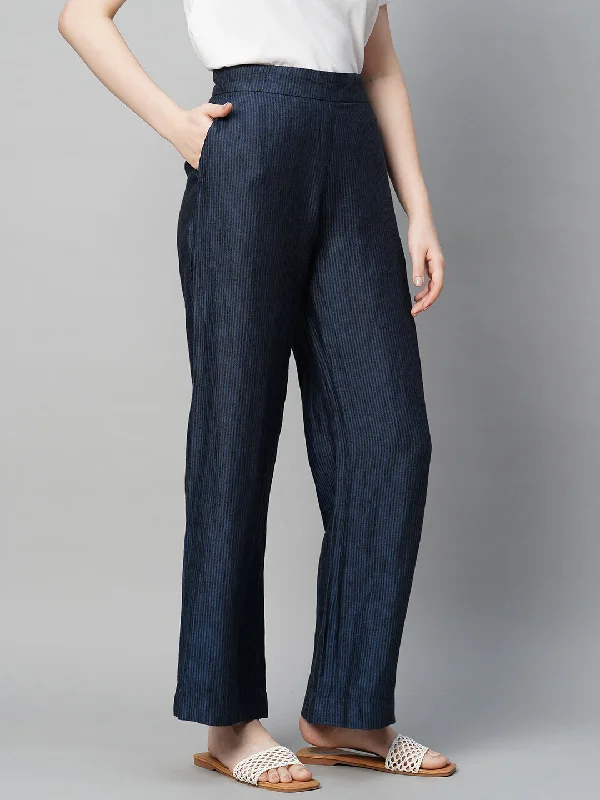 Women's Blue Linen Straight Fit Pant