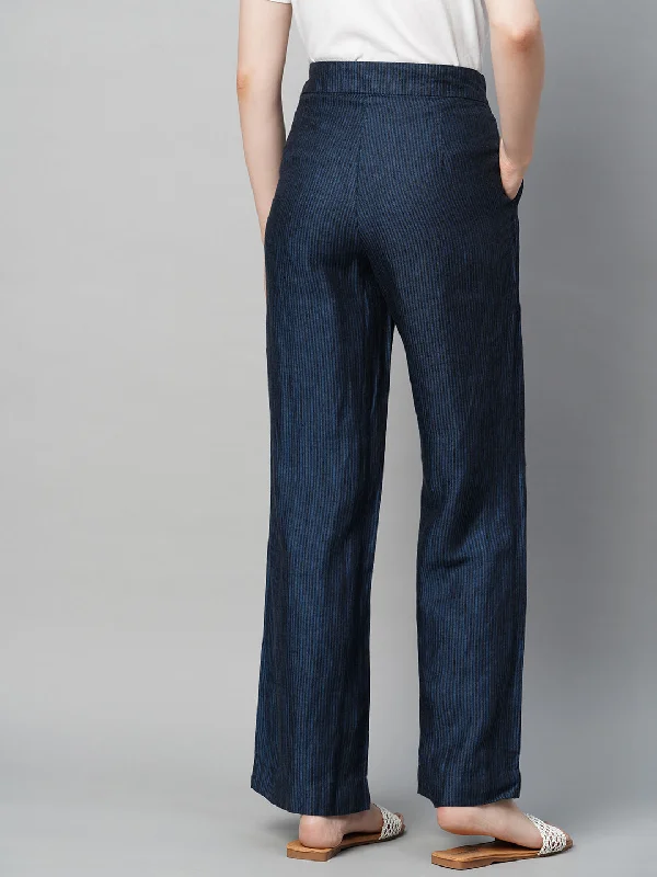 Women's Blue Linen Straight Fit Pant