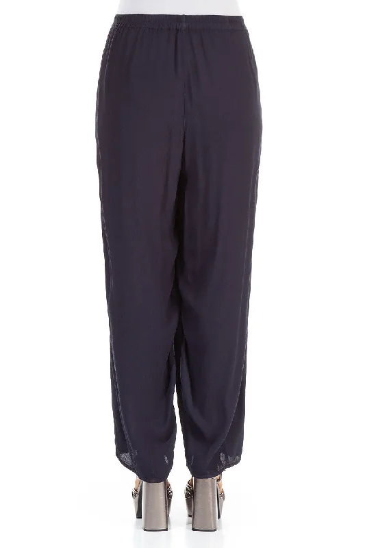 Long Tapered Navy Viscose Trousers