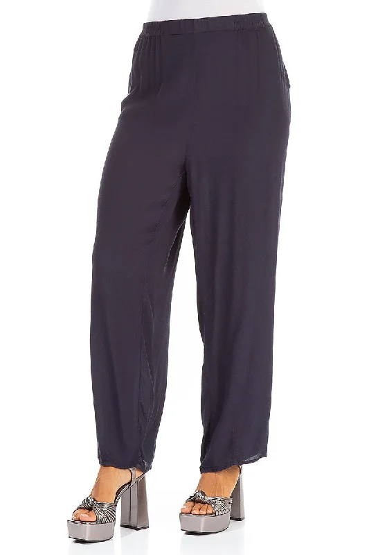 Long Tapered Navy Viscose Trousers