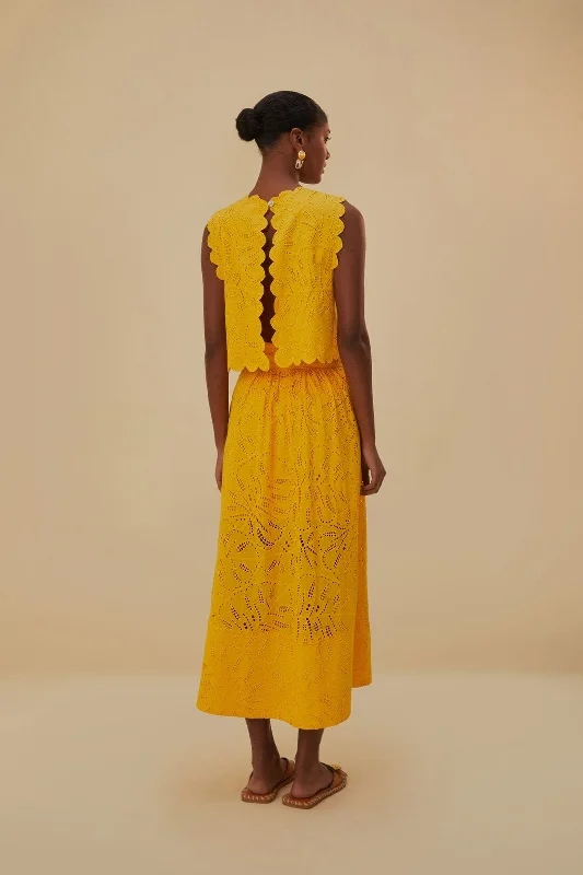 Yellow Monstera Eyelet Maxi Skirt