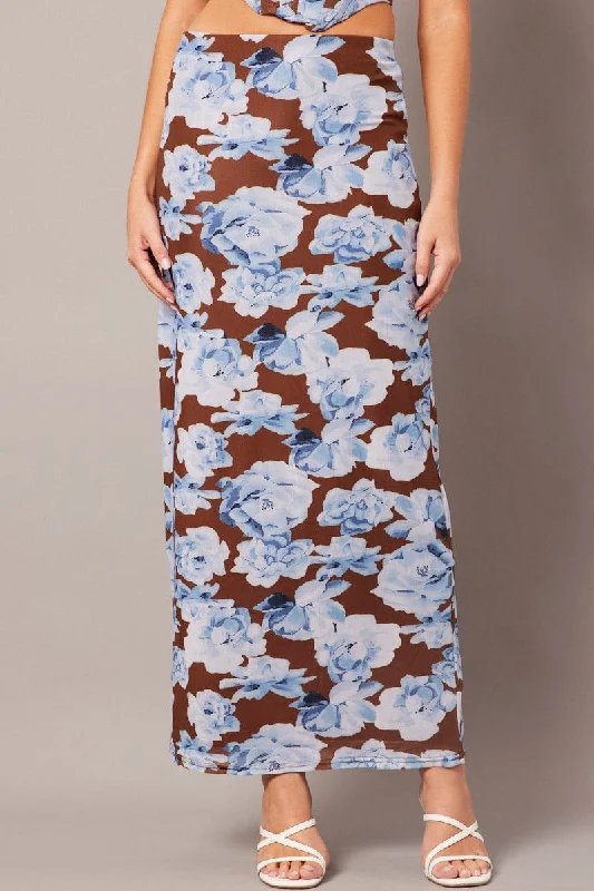 Multi Floral Maxi Skirt High Rise Mesh