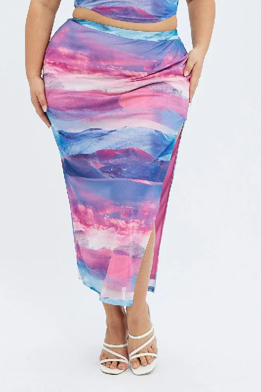 Multi Print Long Skirt Mesh Landscape Print