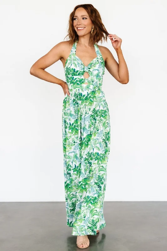 Myra Halter Jumpsuit | Green Print