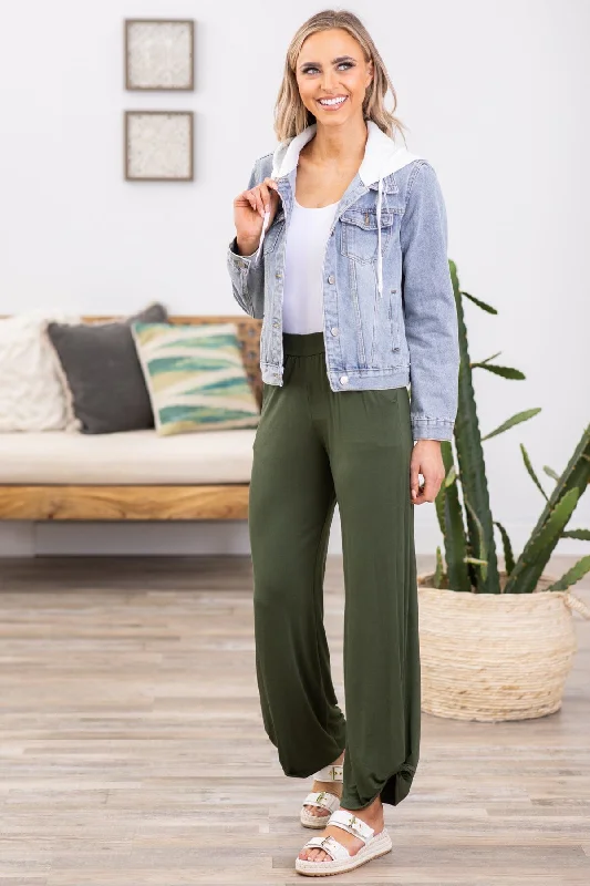 Olive Pull On Knit Pants With Tie Detail