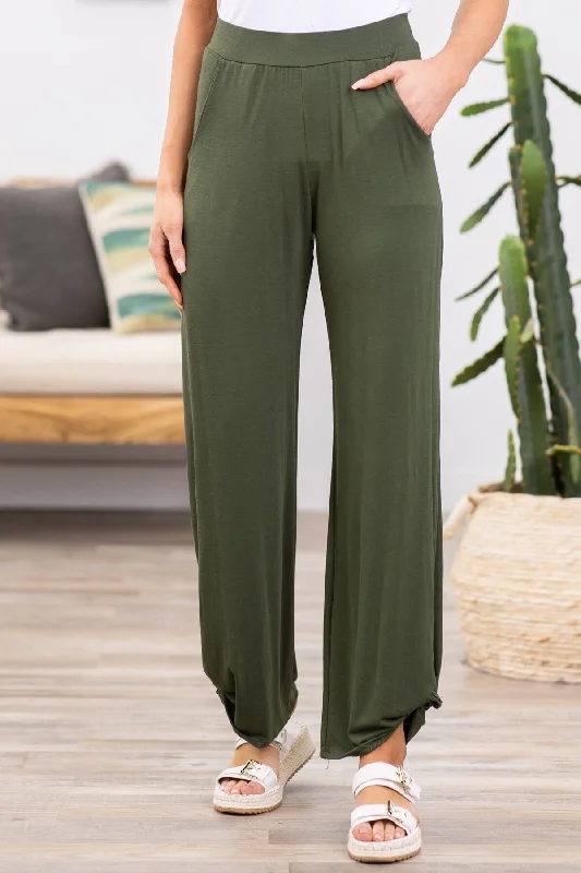 Olive Pull On Knit Pants With Tie Detail