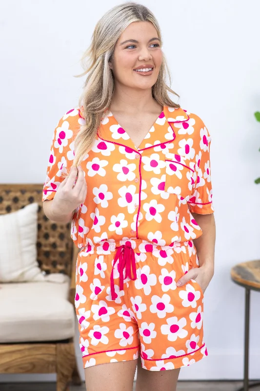 Orange Flower Print Shirt And Shorts PJ Set