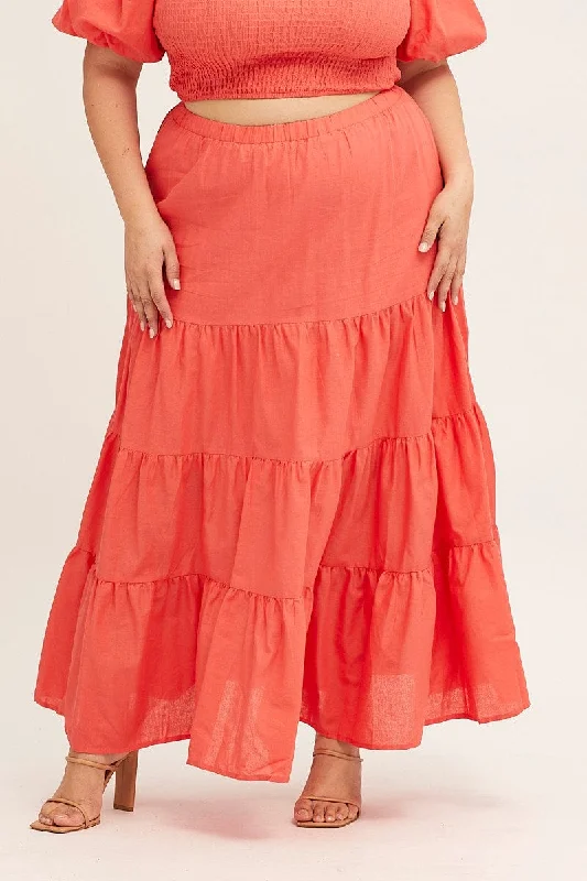 Orange Maxi Skirt High Waist Tiered