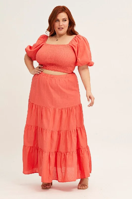 Orange Maxi Skirt High Waist Tiered