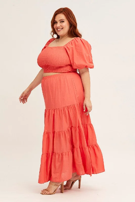 Orange Maxi Skirt High Waist Tiered