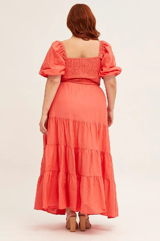 Orange Maxi Skirt High Waist Tiered